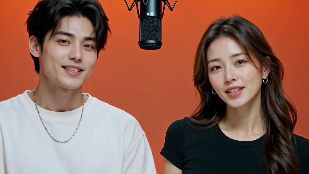 Classic orange booth: two performers at a microphone in an orange booth
